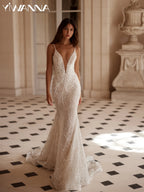Sparkly Beaded Lace Wedding Dress Deep V Neck Spaghetti Strap Mermaid Gown