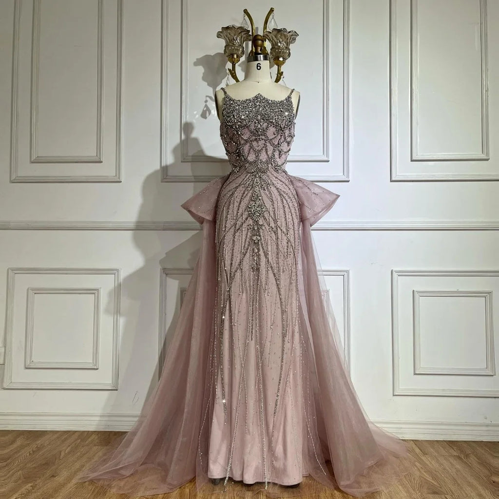 Pink Mermaid Evening Gown For Women With Beaded Spaghetti Strap And Overskirt