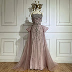 Pink Mermaid Evening Gown For Women With Beaded Spaghetti Strap And Overskirt