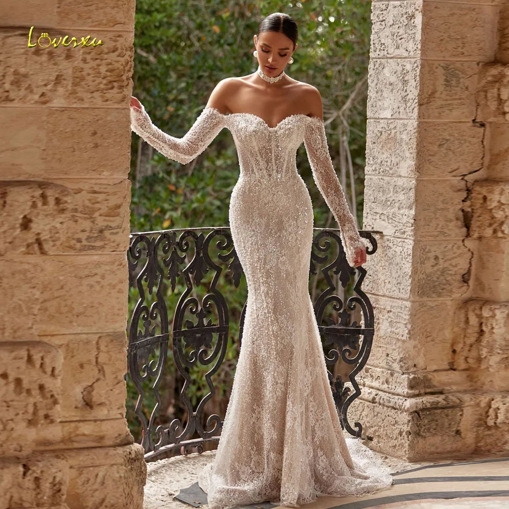 Loverxu Custom Mermaid Wedding Dress With Lace And Beaded Pearls