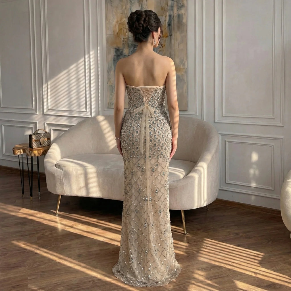 Luxury Blue Beaded Mermaid Evening Gown Custom Formal Women Party Dress