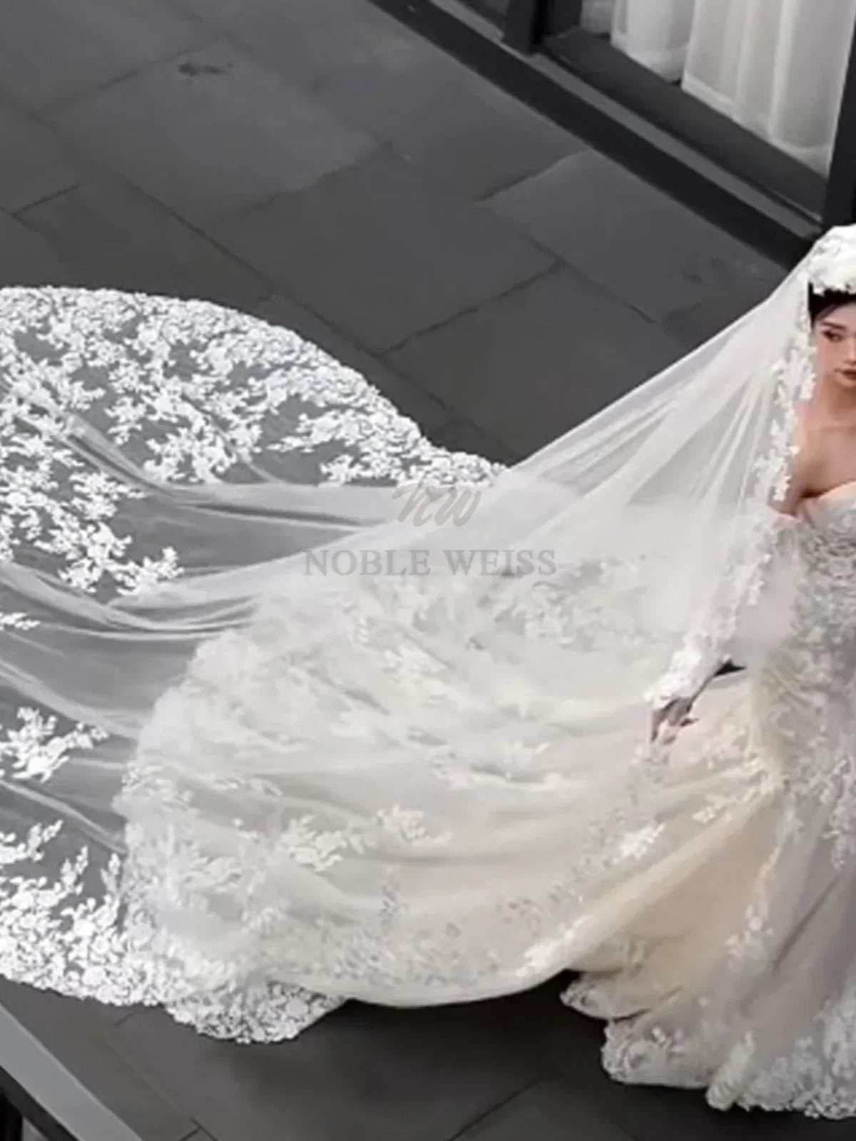 Custom Long Cathedral Wedding Veil With Lace Appliques And Comb