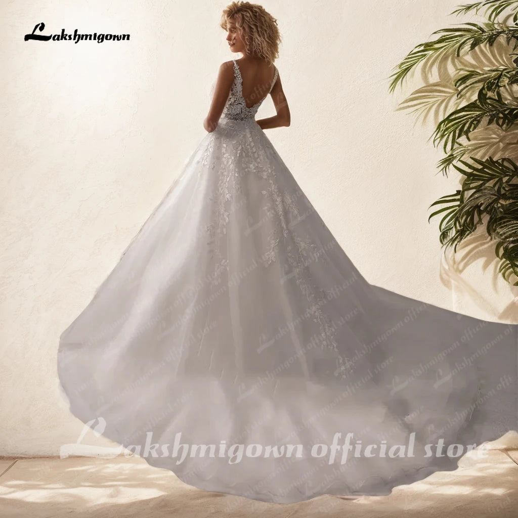 Custom Ivory Lace V Neck Sleeveless A Line Bridal Wedding Dress Boho Style