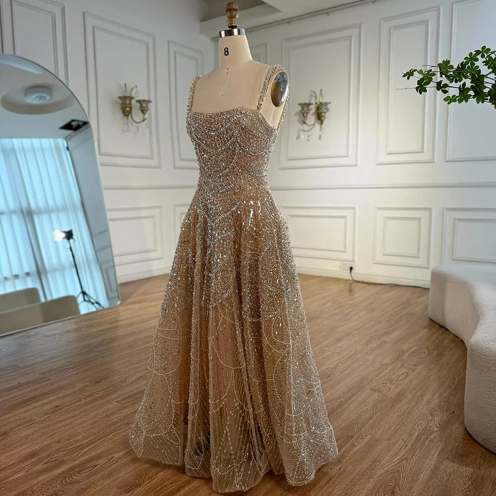 Luxury Nude A-Line Evening Dress with Pearls and Crystals LA72983A