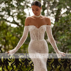 Custom Illusion Lace Mermaid Wedding Dress With Full Sleeves And Beaded Bodice