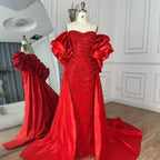 Custom Red Strapless Mermaid Wedding Gown With Pearl Beaded Cape Dress