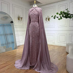 Pink Long Sleeve High Neck Mermaid Beaded Evening Gown With Cape For Women