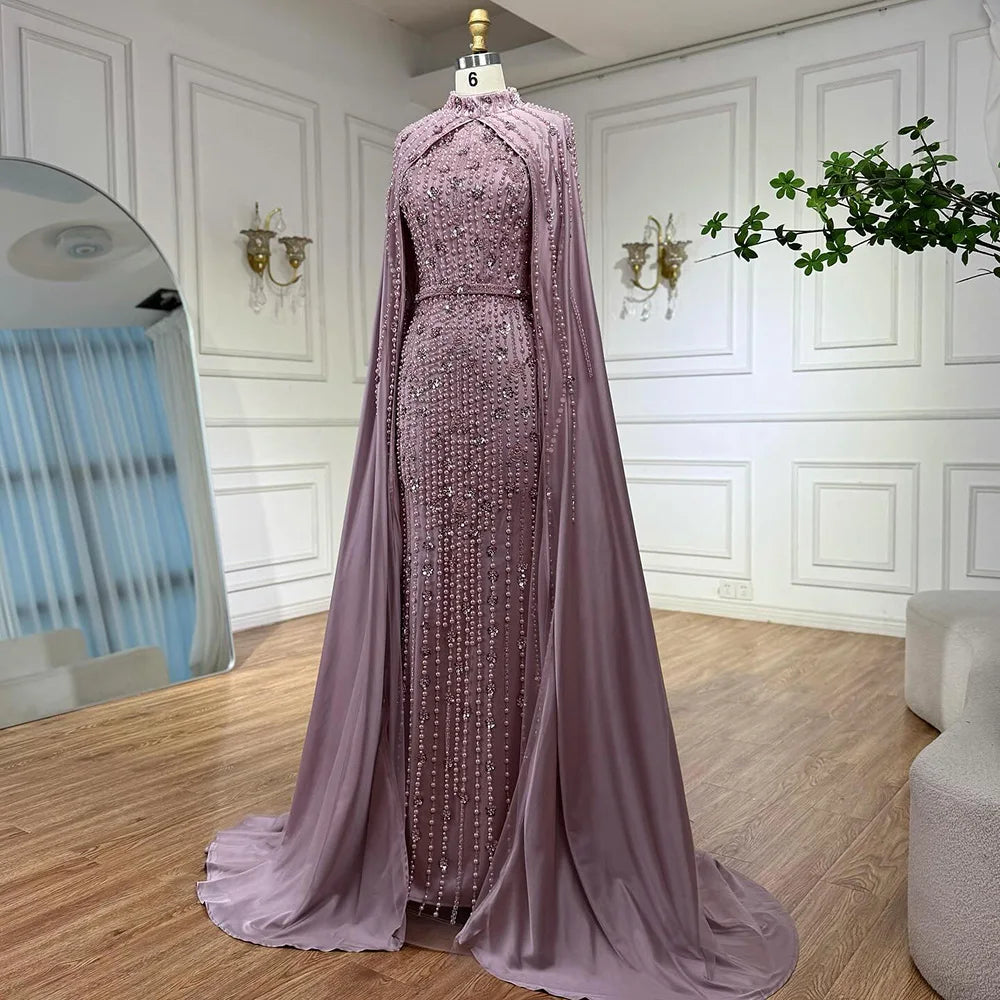 Pink Long Sleeve High Neck Mermaid Beaded Evening Gown With Cape For Women