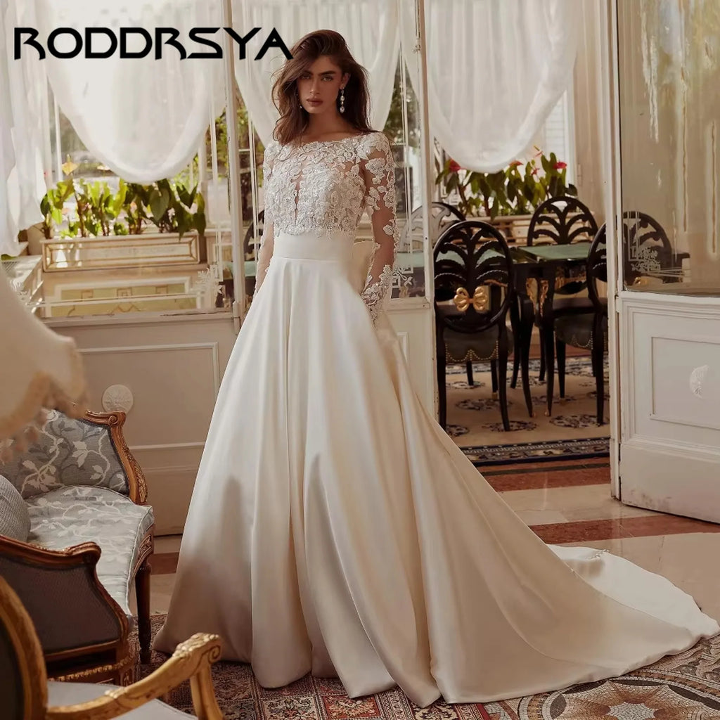 Custom A Line Long Sleeve Backless Bridal Wedding Dress With Lace Bow Detail
