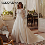 Custom A Line Long Sleeve Backless Bridal Wedding Dress With Lace Bow Detail