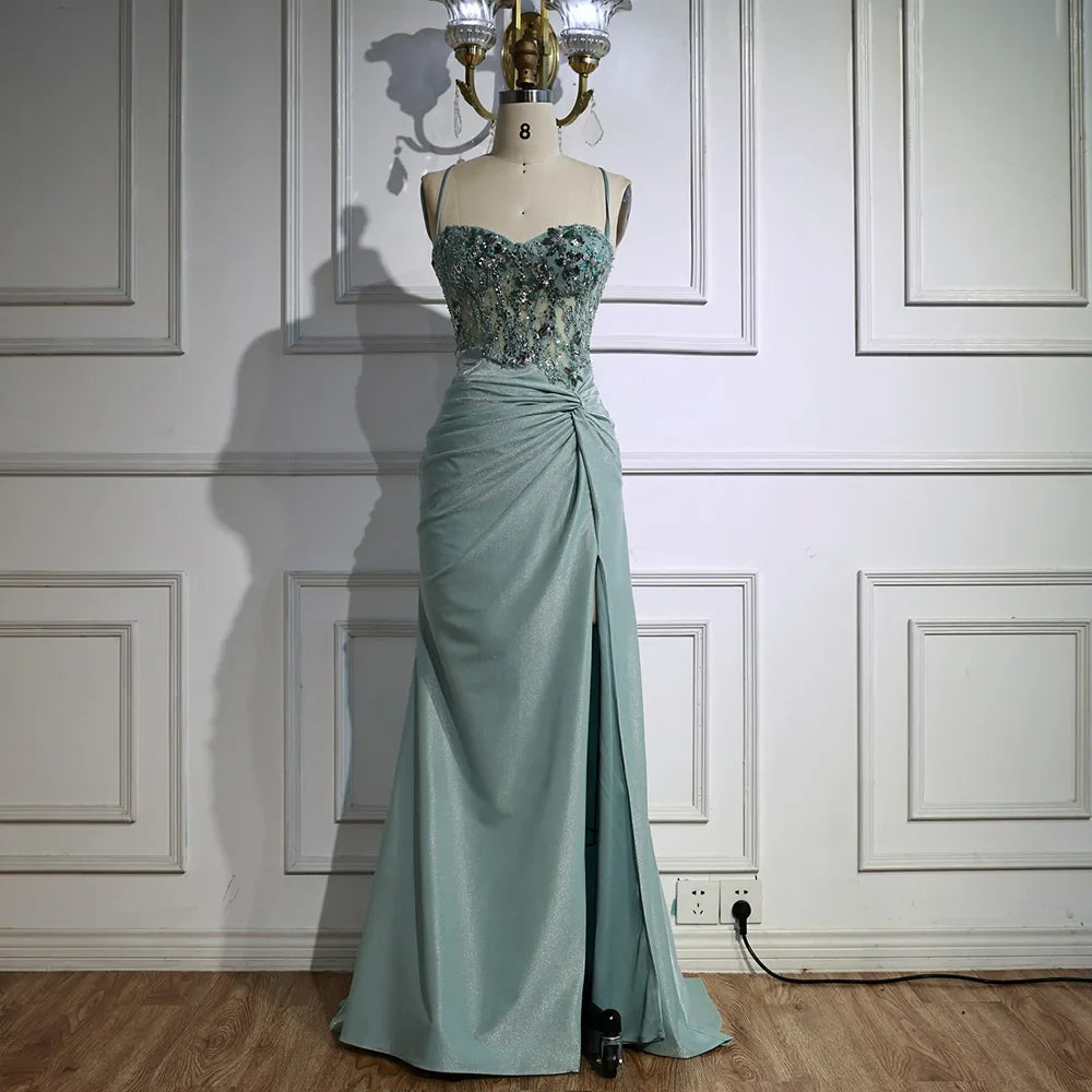 Classy Light Green Satin Prom Dress with Lace and Slit LA73032A