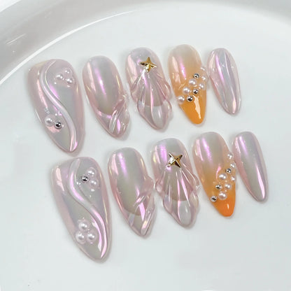 10pcs Aurora French Press On Nails 3D Seashells Pearl Y2k Star Designs Relif Fake Nails Gradient Orange Almond Handmade Manciure