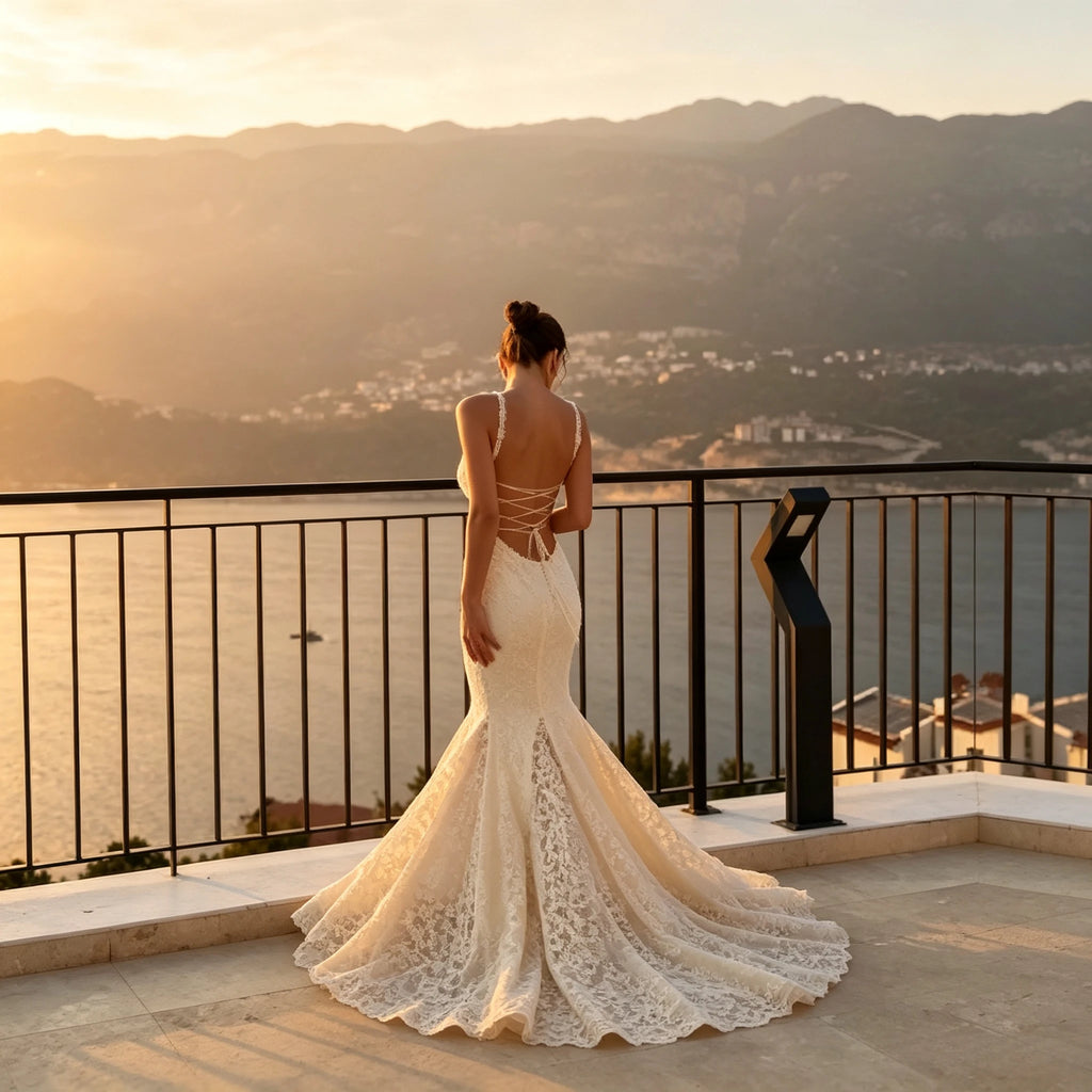 Elegant Lace Mermaid Maxi Dress Spaghetti Straps Backless Evening Gown