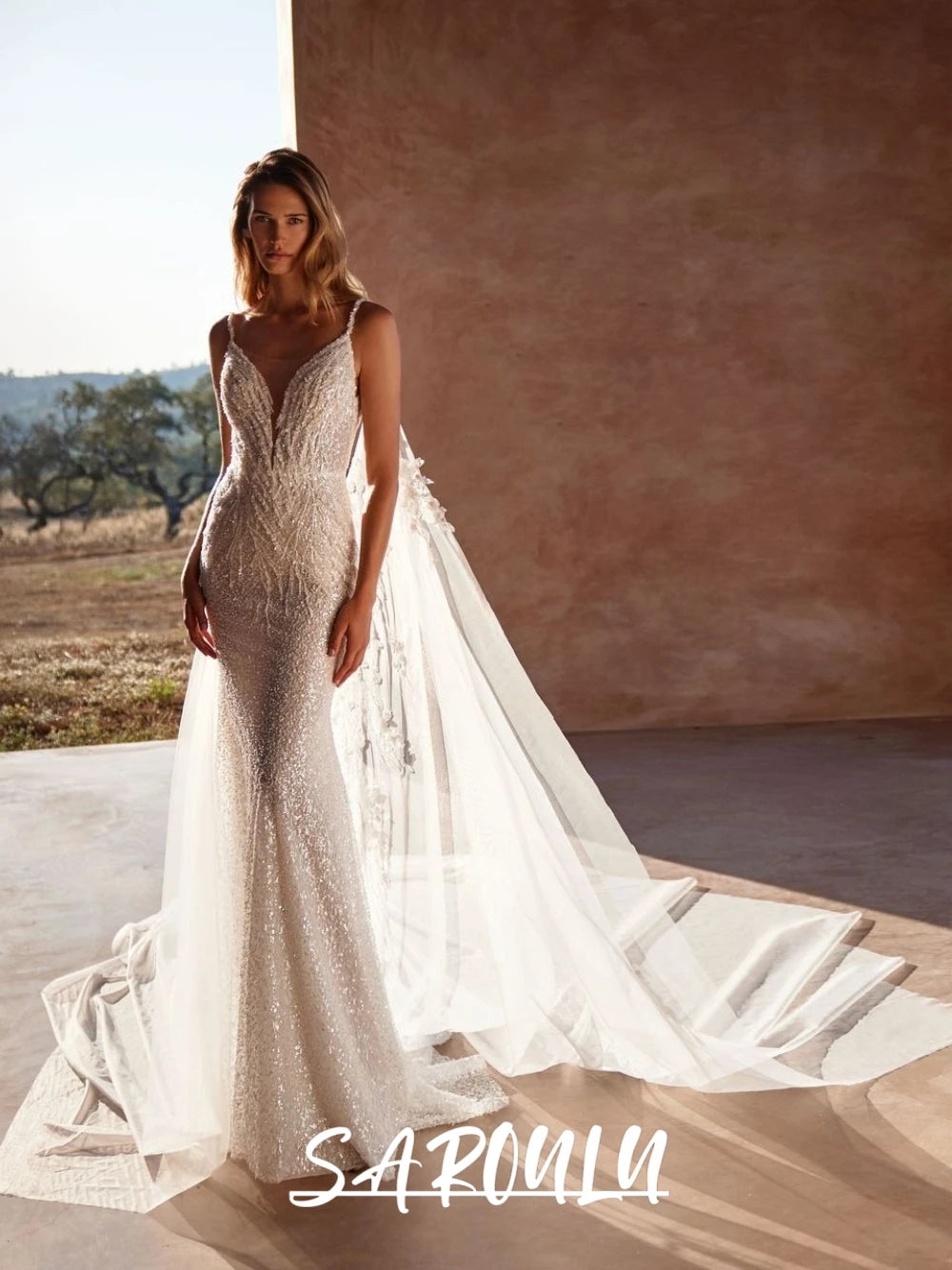 Custom Backless Mermaid Bridal Gown With Deep V Neck And Sequined Cape