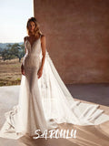 Custom Backless Mermaid Bridal Gown With Deep V Neck And Sequined Cape