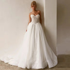 Custom Sleeveless Sweetheart A Line Wedding Dress With Lace Applique Train