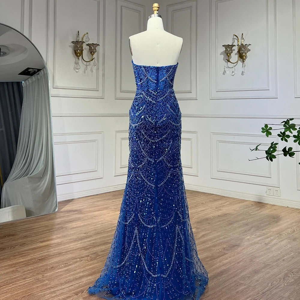 Custom Mermaid Evening Dress Pearl Beaded Strapless Wedding Cape Gown
