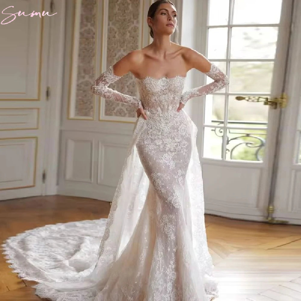 Long Sleeves Vintage Lace Mermaid Off Shoulder Bridal Gown