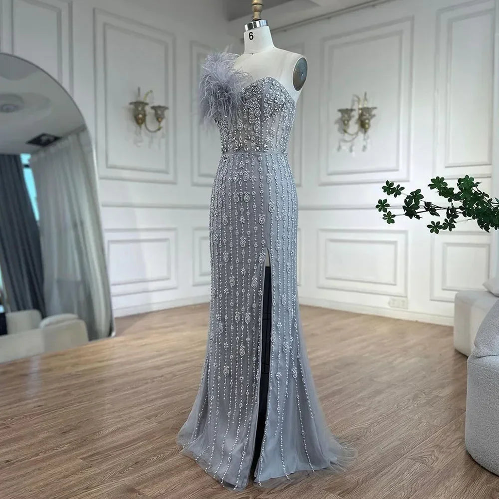 Gray Mermaid One Shoulder Beaded Feather Evening Gown Custom For Women