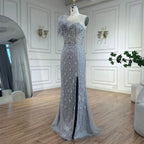 Gray Mermaid One Shoulder Beaded Feather Evening Gown Custom For Women