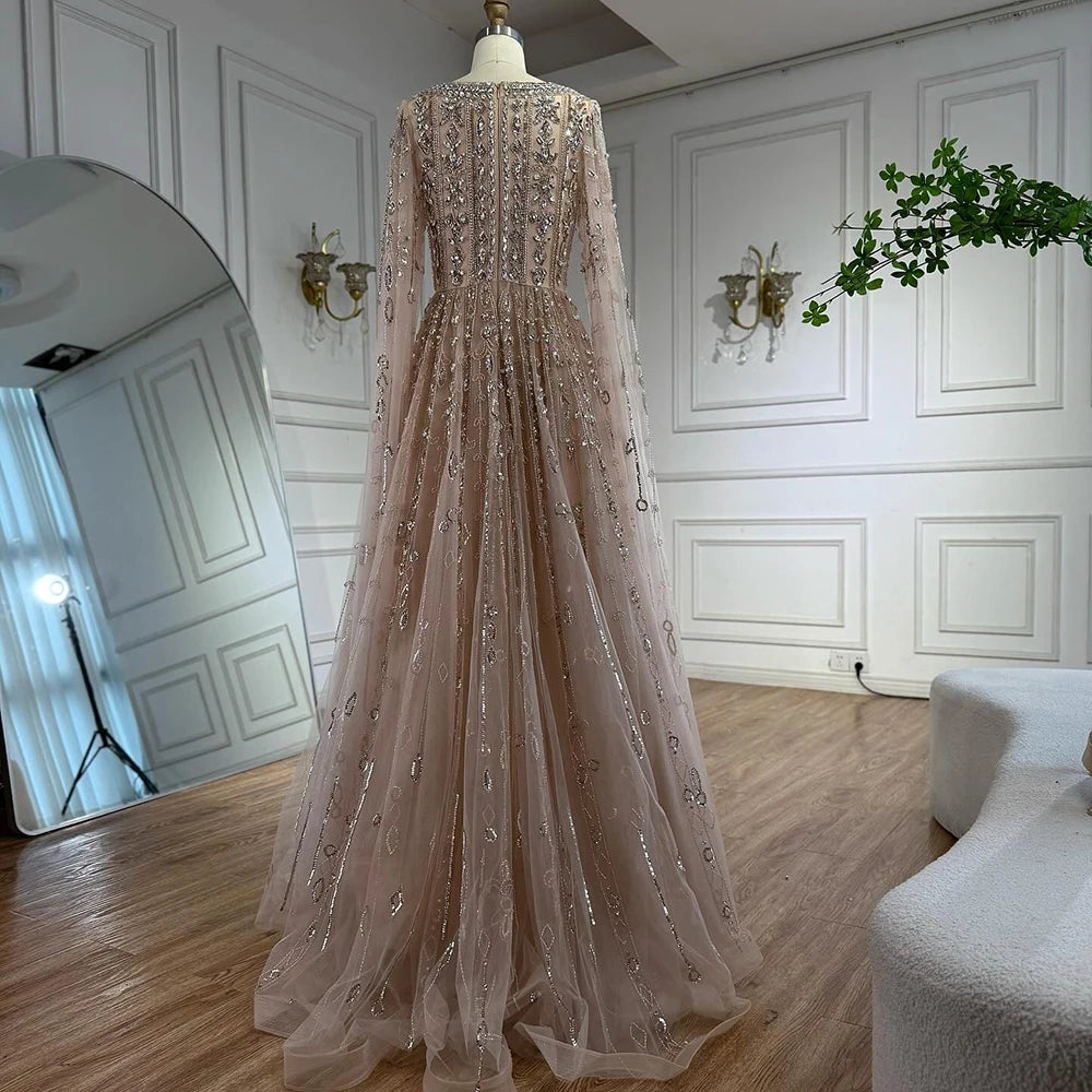 Custom Wine Red Cape Sleeves Beaded Evening Dress Women Formal A Line Gown