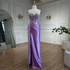 Customized Lilac Satin Strapless Mermaid Evening Dress Beaded Bridesmaid Gown
