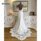 Custom Mermaid Satin Wedding Dress Spaghetti Lace Train Bridal Gown