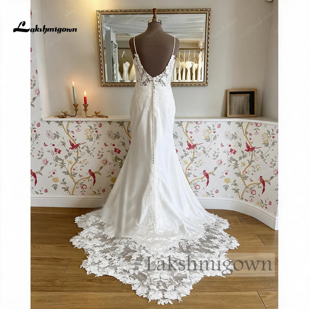 Custom Mermaid Satin Wedding Dress Spaghetti Lace Train Bridal Gown