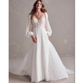 Plus Size Long Sleeve V Neck Lace Applique Custom Boho Bridal Dress