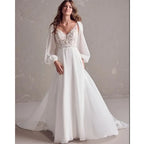 Plus Size Long Sleeve V Neck Lace Applique Custom Boho Bridal Dress