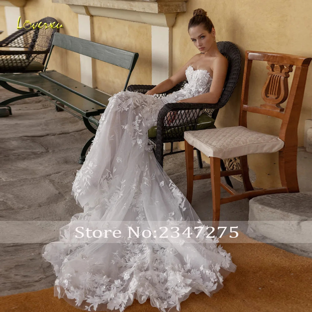 Custom Mermaid Wedding Dress Strapless Long Sleeve 3D Floral Bridal Gown