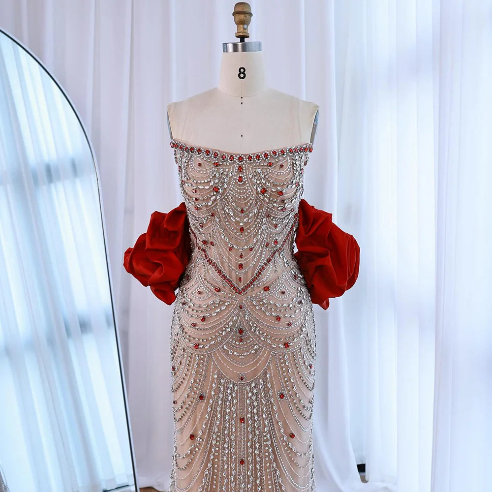 Luxury Pearl Beaded Evening Dress Elegant Puff Sleeves Custom Gown