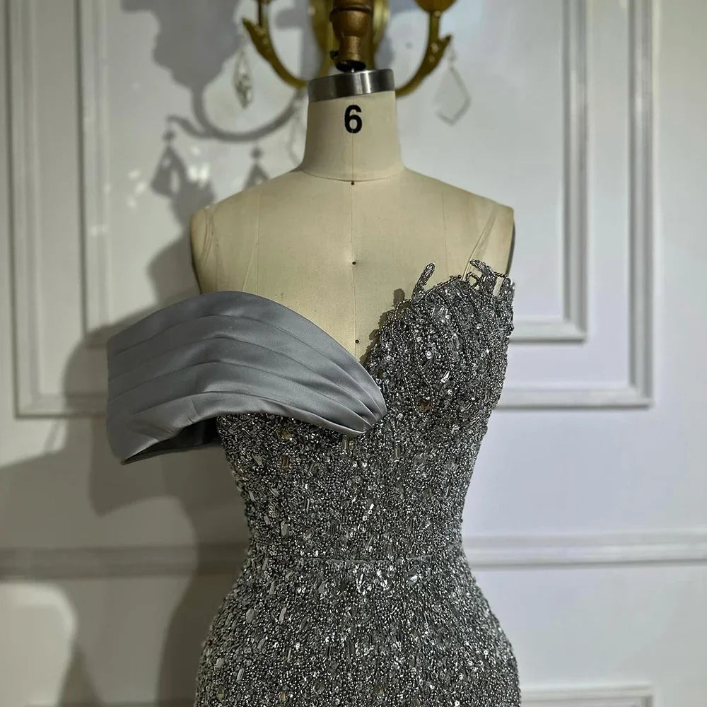 Custom Grey Mermaid One Shoulder Beaded Long Evening Gown