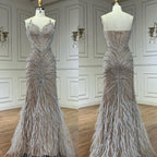 Customized White Nude Mermaid Evening Dress With Cape And Beaded Feathers