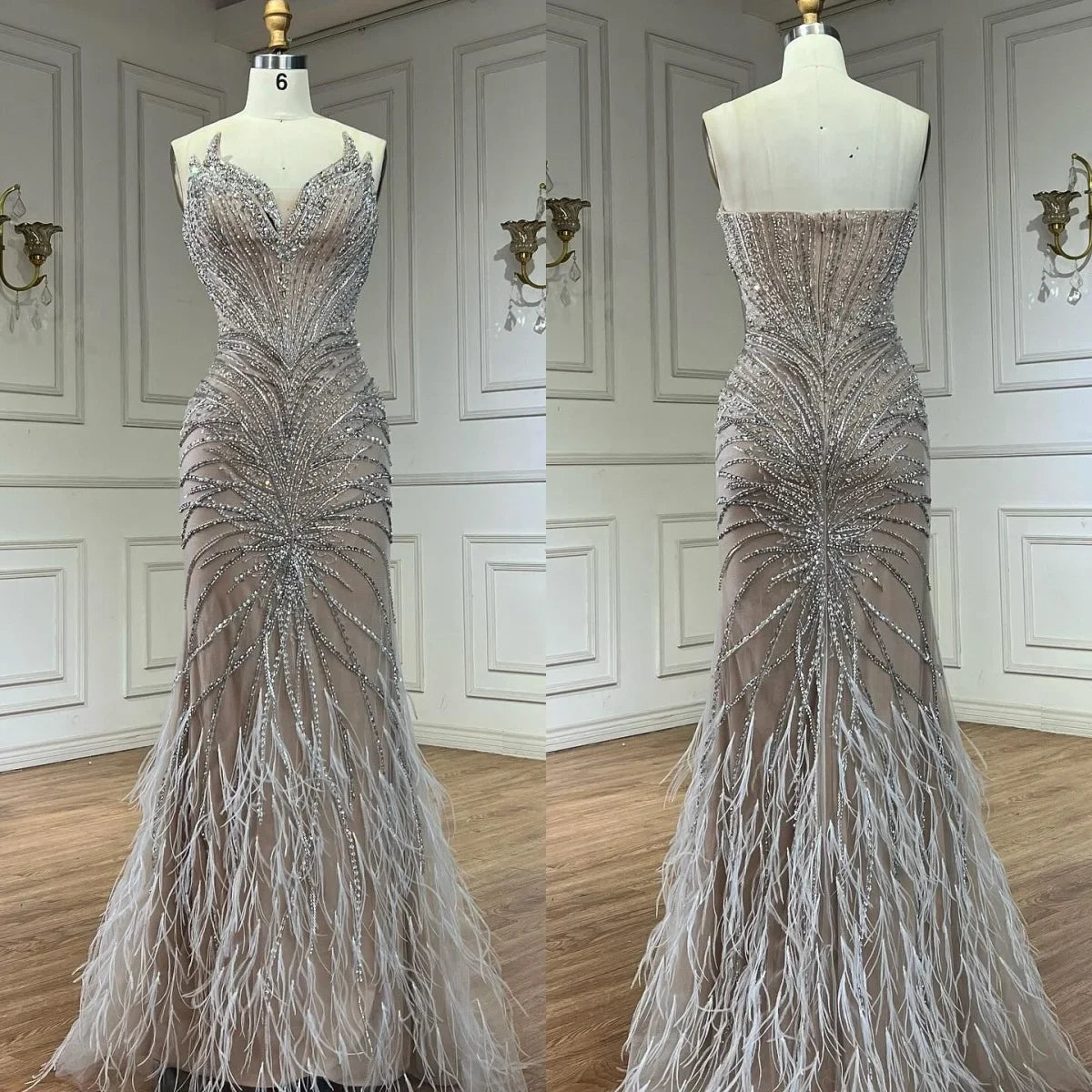 Customized White Nude Mermaid Evening Dress With Cape And Beaded Feathers