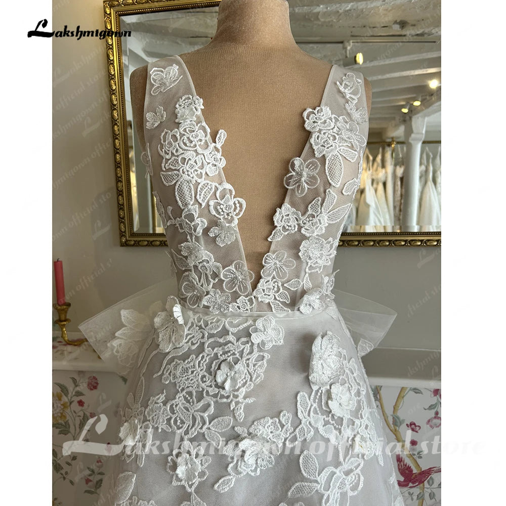 Deep V Neck Lace Floral A Line Wedding Dress Custom Bridal Gown For Women