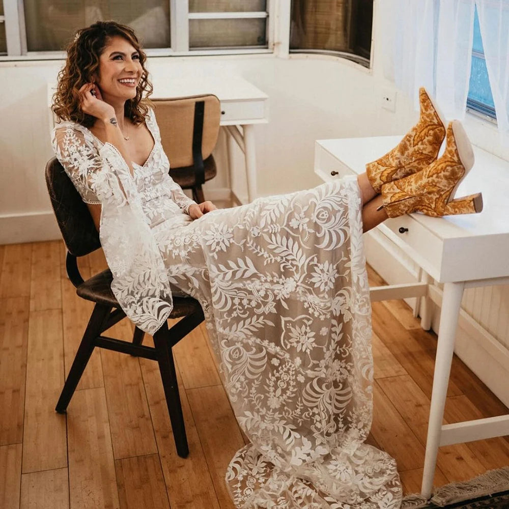 Custom Boho Lace Wedding Dress Rustic Beach Square Neck Batwing Sleeves Gown