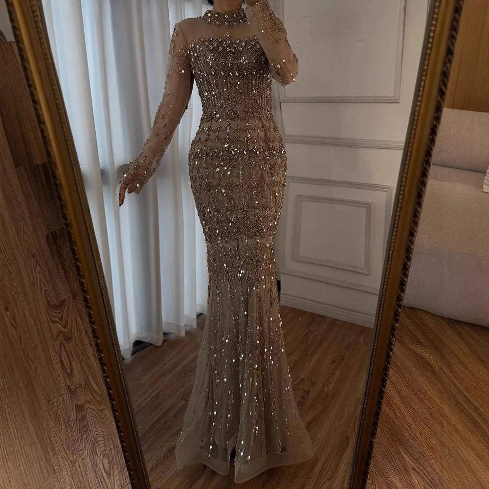 Serene Hill High Neck Beaded Mermaid Evening Dress For Muslim Wedding Gown