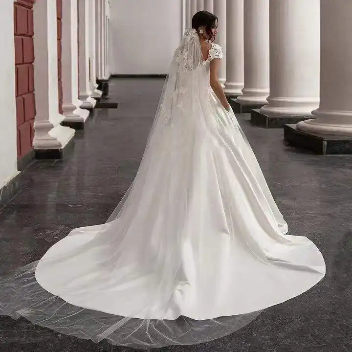 Custom Satin A Line Trailing Wedding Dress With Short Sleeves And Appliques