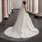 Custom Satin A Line Trailing Wedding Dress With Short Sleeves And Appliques