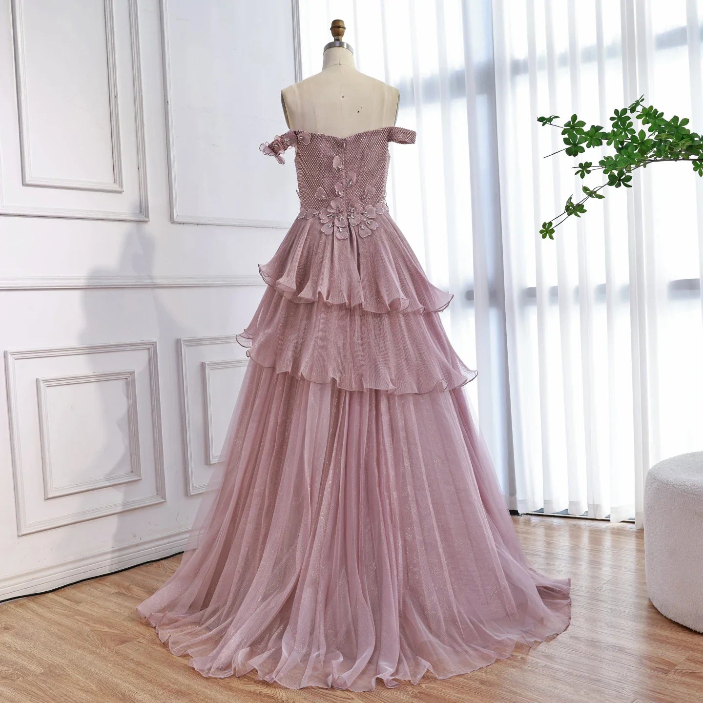 Luxury Pink Dreamy Ruffles Beaded A-Line Evening Dress LA73385