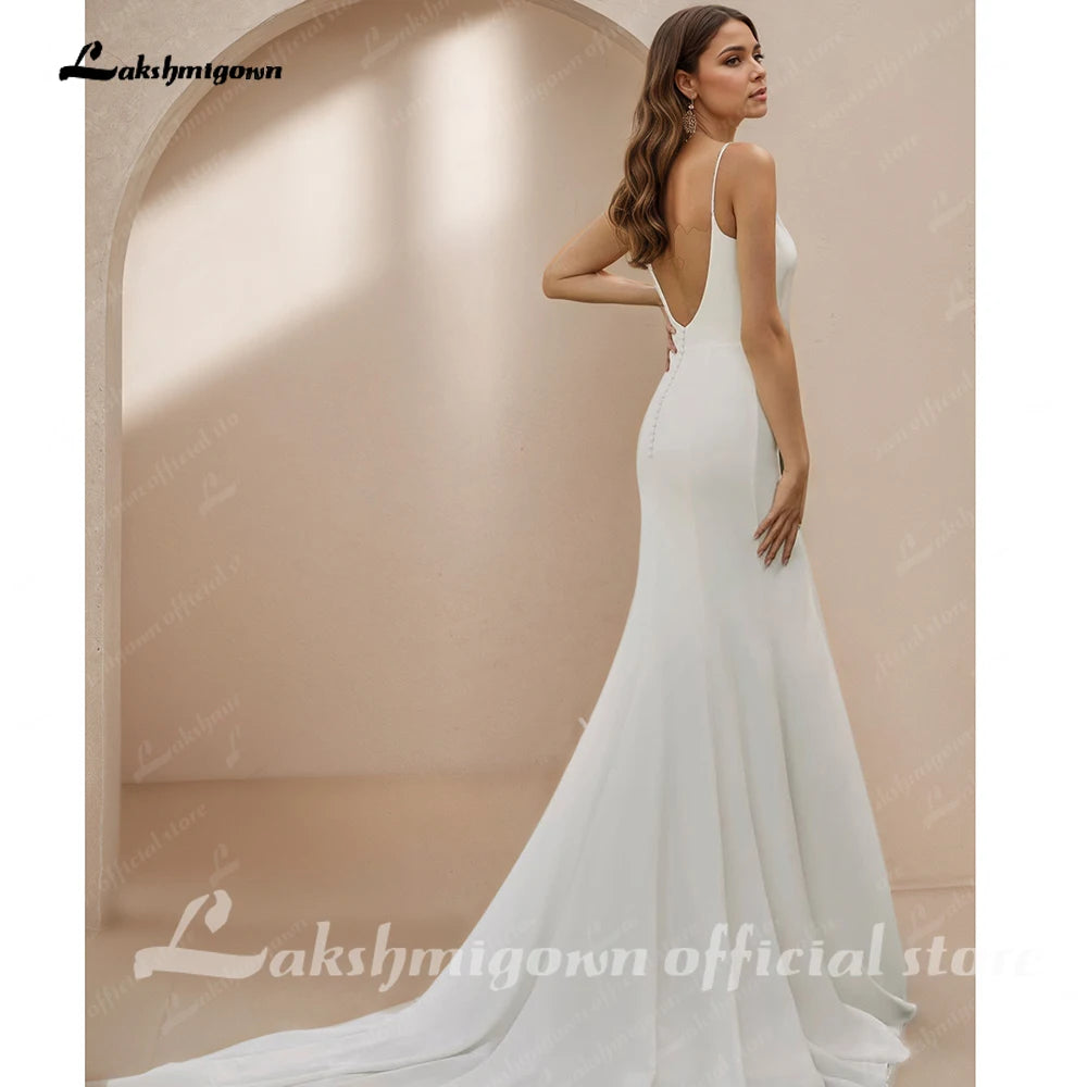 Mermaid Wedding Dress V Neck Spaghetti Straps Backless Custom Bridal Gown
