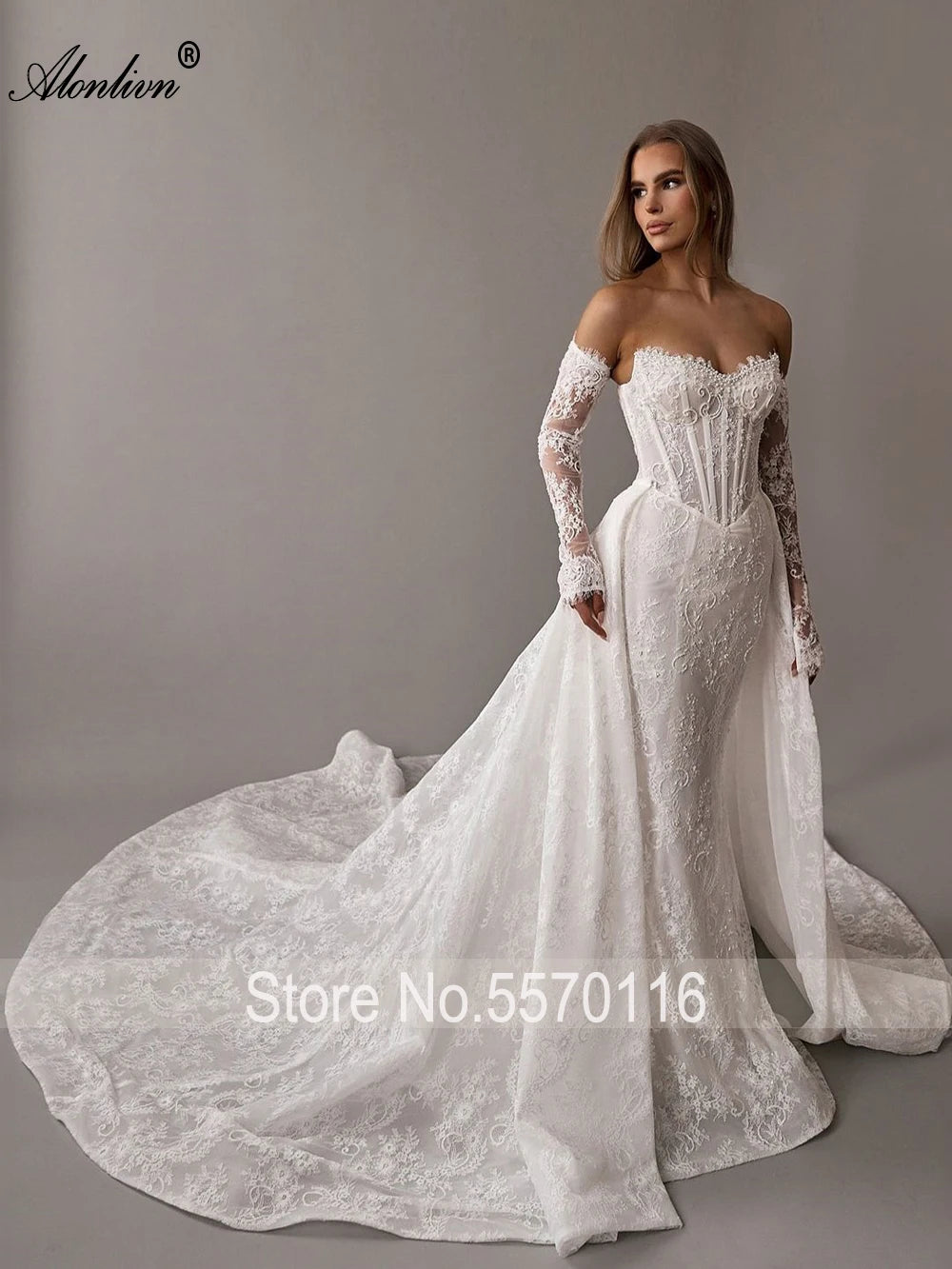 Alonlivn Custom Beaded Lace Mermaid Wedding Gown With Removable Train