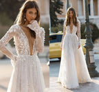 Custom Boho Wedding Dress With Deep V Neck And 3D Floral Lace Appliques