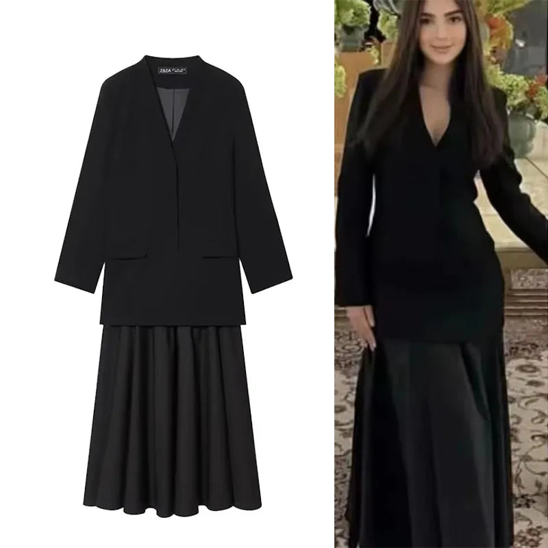 2025 New Women Fashion Dress Splicing Blazer Long Dresses Long Sleeve Office Chic Dresses For Women Spring Autumn Dress