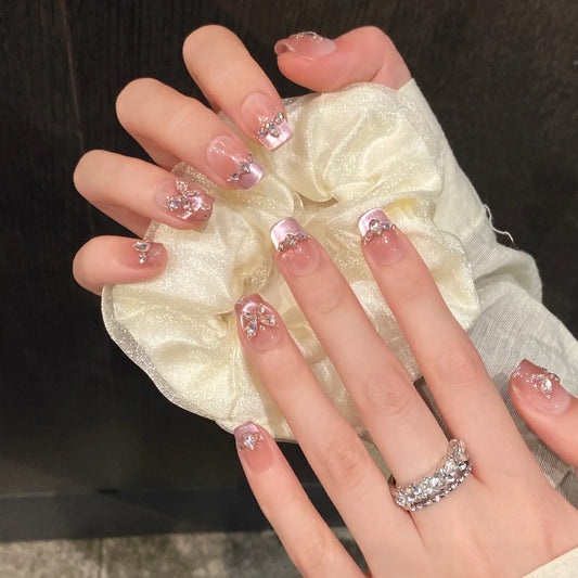 10 uñas postizas de estilo francés, color rosa fantasía, brillantes, con diseño de mariposa y diamante, hechas a mano, estilo coreano. 