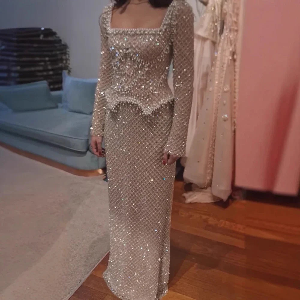 Elegant Beaded Pearl Mermaid Wedding Evening Dress With Long Sleeves