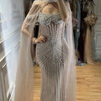 Serene Hill Pearl Beaded Caramel Mermaid Evening Dress With Sheer Cape Custom