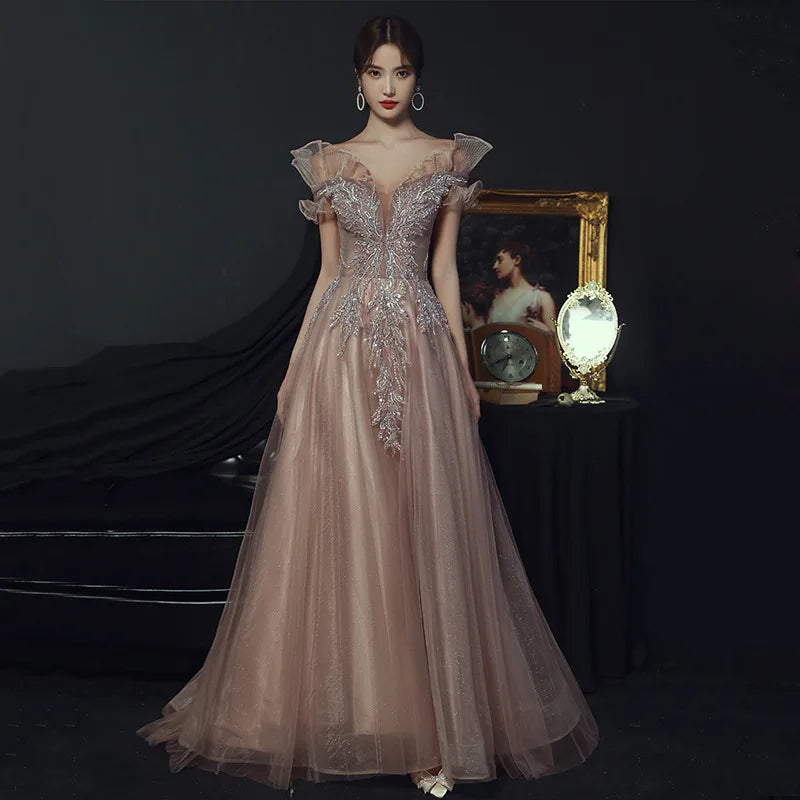 Elegant Off Shoulder Mesh Cheongsam Formal Evening Party Applique Maxi Dress