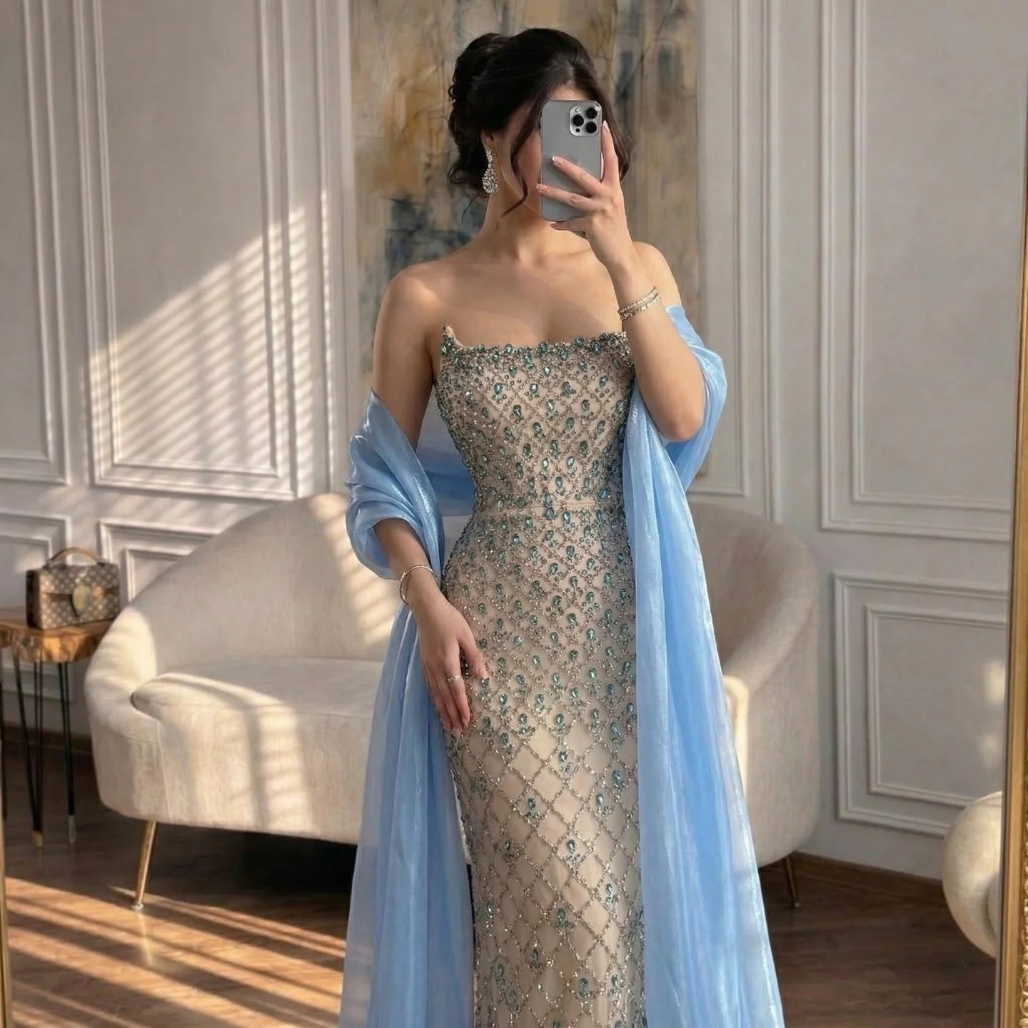 Luxury Blue Beaded Mermaid Evening Gown Custom Formal Women Party Dress